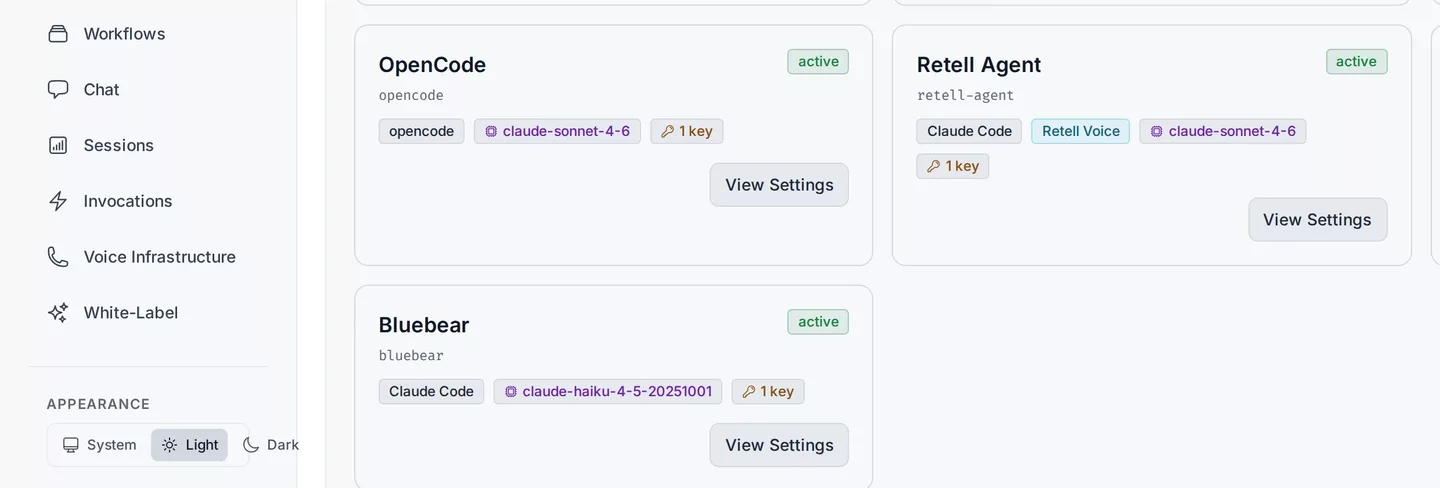 The BlueBear dashboard, showing the platform sidebar beside a grid of active agents with their runtimes, assigned models, and key counts.